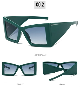 Three-view display of green cat eye oversized sunglasses showing front, back, and 45-degree angle