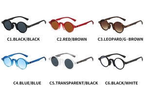 Matrix view of vintage round sunglasses in six color variants including leopard and blue