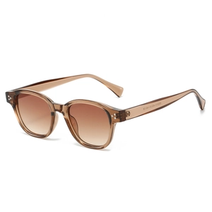 Fashionable brown transparent sunglasses with gradient lenses and decorative rivets