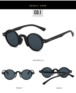 Front, back, and 45-degree side views of matte black retro round frame sunglasses
