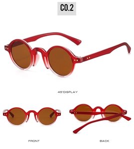 Three-angle display of red round frame sunglasses with brown lenses and gradient design