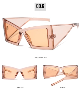 Three-way view of orange cat eye oversized sunglasses showing front, back, and 45-degree angle