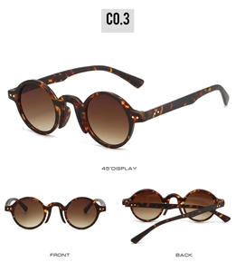 Three views of retro round tortoiseshell sunglasses with brown gradient lenses
