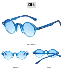 Blue round frame steampunk sunglasses shown in multiple angles with metal rivet detail
