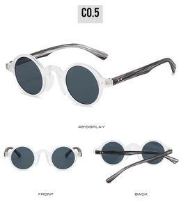 Three-angle views showing matte transparent frame and wood-grain temples of round sunglasses