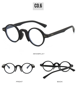 Three-angle view of vintage round sunglasses with matte black frames and gold rivets