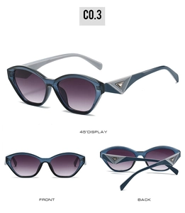 Trois vues de lunettes de soleil œil de chat avec monture bleue et triangle en métal