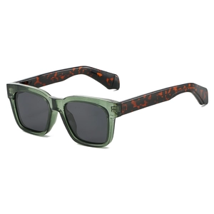 Classic square polarized sunglasses with transparent green frames and leopard print temples
