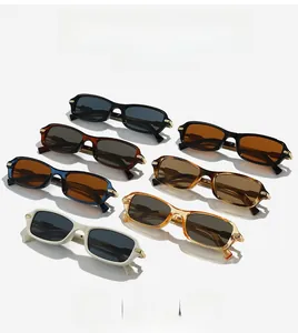 Showcase of vintage rectangle sunglasses in seven assorted colors with metal accents