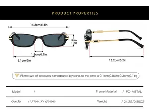Detailed size chart for unisex rectangle sunglasses with PC and metal frame specs