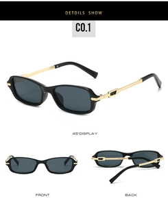 Three views of narrow black sunglasses with gold metal temples from different angles