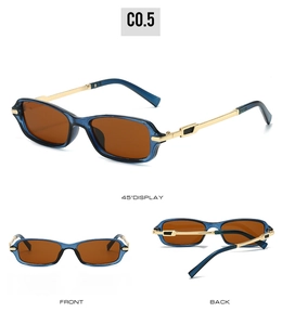 Detail view of narrow vintage sunglasses with blue resin frame and golden metal temples