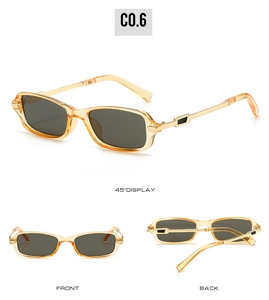 Multi-angle view of vintage small frame rectangular sunglasses with gold metal temples