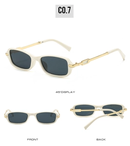 Detail view of cream square sunglasses featuring gold metal temples with hollow accents