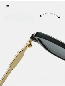 Detail of durable texture hinge and golden metal temples on black retro sunglasses