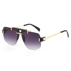Fashionable semi-rimless square sunglasses with purple gradient lenses and gold-black frame