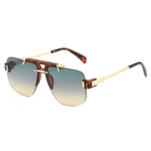 Square semi-rimless sunglasses with gold metal temples and blue-yellow gradient lenses