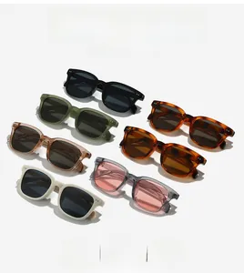 Multiple stylish square frame sunglasses in various colors and finishes on white background
