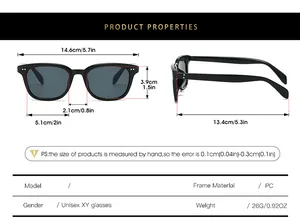 Detailed size guide for PC unisex sunglasses showing frame width and lens height dimensions