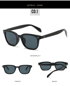 Detailed views of black square sunglasses with silver double dot rivets and dark gray lenses