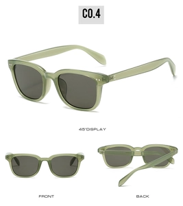 Three-angle view of green translucent sunglasses with dark grey lenses and metal rivets