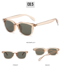 Three perspectives of vintage square sunglasses with tea-colored frames and green lenses