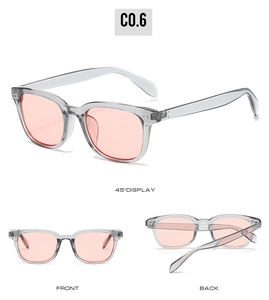 Detailed views of square transparent grey sunglasses with pink lenses from multiple angles