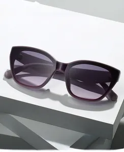 Detail view of purple translucent cat-eye sunglasses on geometric props with gradient lenses