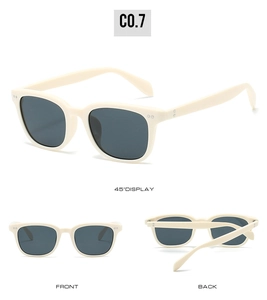 Multi-angle view of vintage square cream sunglasses with dark lenses and metal rivets