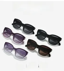 Flat lay of vintage thick-framed square cat-eye sunglasses in multiple color options