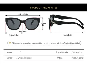 Detailed size chart for square frame sunglasses with PC frame and metal temple accents