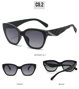 Three perspectives of black square cat-eye sunglasses with gradient lenses and metal trim