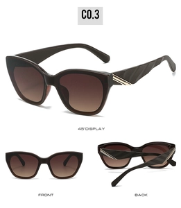 Detailed multi-angle views of brown cat-eye sunglasses with golden temple accents