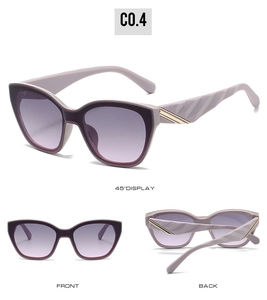 Three-angle view of lavender cat eye sunglasses with gold accents and geometric temples