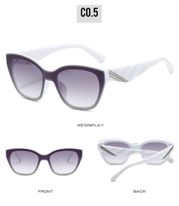 Detailed views of white cat-eye sunglasses with gradient purple lenses and metal accents