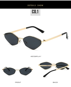 Detailed views of gold polygonal metal sunglasses with dark lenses from multiple angles