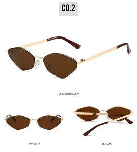 Three-angle view of polygon sunglasses with gold metal frames and brown lenses