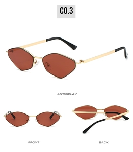 Three-angle views of polygonal metal sunglasses with gold frame and brown lenses