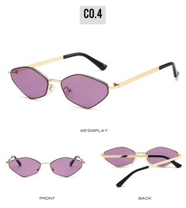 Three-angle view of stylish polygon metal sunglasses with purple lenses and gold frame