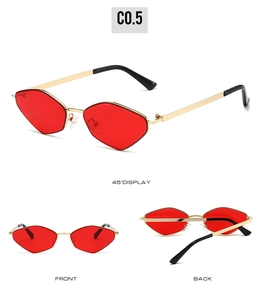 Three-way display showing front, back, and 45-degree angle of red polygon sunglasses
