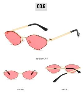 Polygonal pink sunglasses with gold metal frame showing front, side and back views