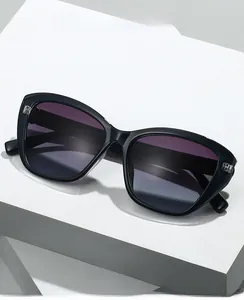 Detail of cat-eye sunglasses featuring purple gradient lenses and silver metal side accents
