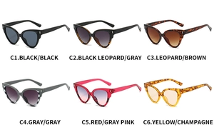 Vue détaillée de lunettes de soleil œil-de-chat en six coloris avec charnières argent