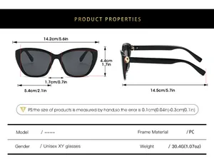 Detailed size guide for cat eye sunglasses showing frame width and lens dimensions