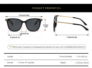 Detailed size chart for unisex sunglasses featuring exact frame and lens dimensions