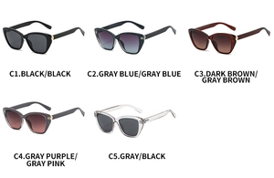Cat-eye sunglasses color selection in black, blue, brown, purple and gray with gold accents