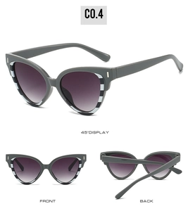 Vue sous trois angles de lunettes de soleil œil de chat avec monture grise et verres violets