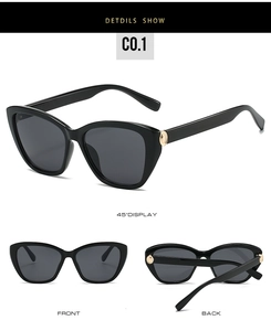 Three-view display of black cat-eye sunglasses with golden metal hinge details