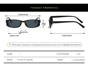 Detaillierte Größentabelle für Unisex-Sonnenbrillen mit Angaben zu Breite und Bügellänge in cm