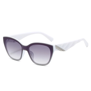 Fashionable white square sunglasses with gradient purple lenses and wavy patterned temples